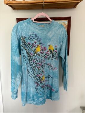 VTG The Mountain Blue Tie-Dye Long Sleeve Tee Yellow Goldfinch Print funky M